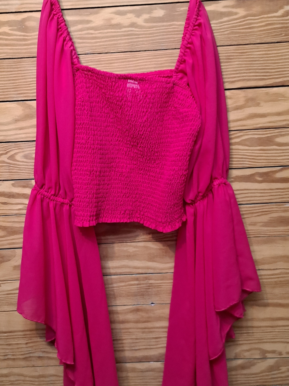 Fuchsia Smocked Crop Top with Dramatic Bell Sleeves Square Neck Sz M